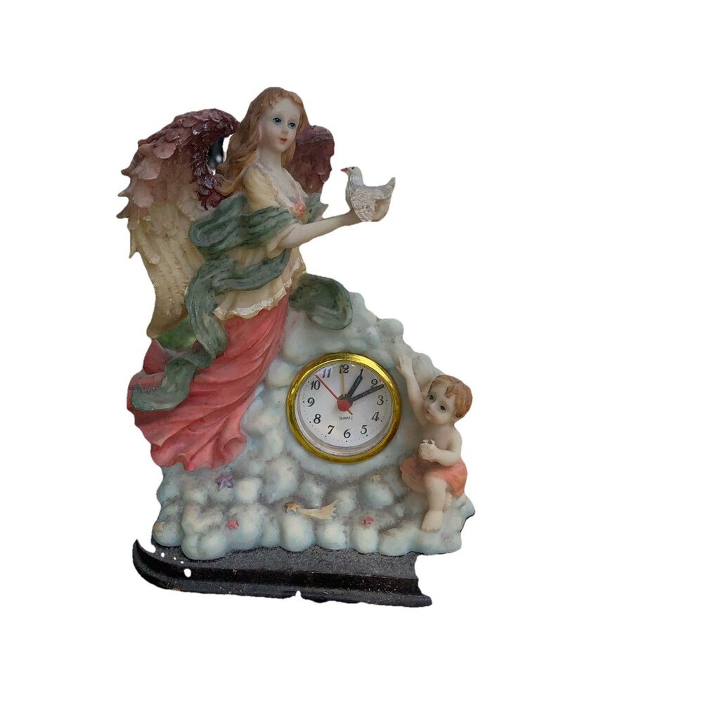 Gaurdian Angel Clock Quartz Resin Sculpture Cherub Children 2 Mantel Figurines